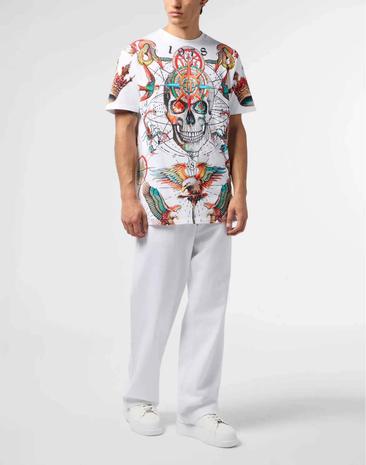 Round Neck T-Shirt All-Over Tattoo, цвет: Белый