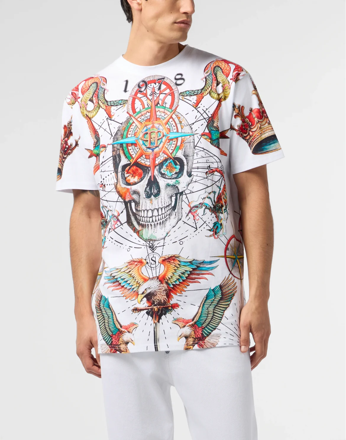 Round Neck T-Shirt All-Over Tattoo, цвет: Белый