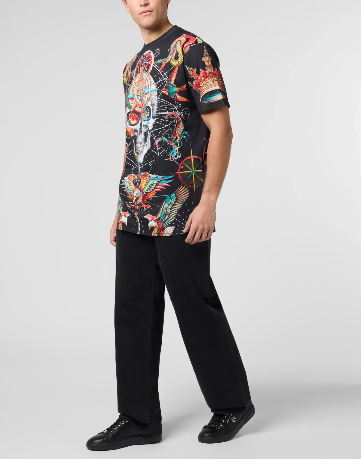 Round Neck T-Shirt All-Over Tattoo, цвет: Черный