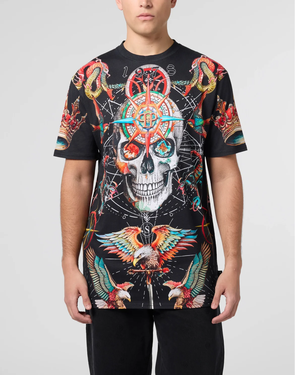 Round Neck T-Shirt All-Over Tattoo, цвет: Черный