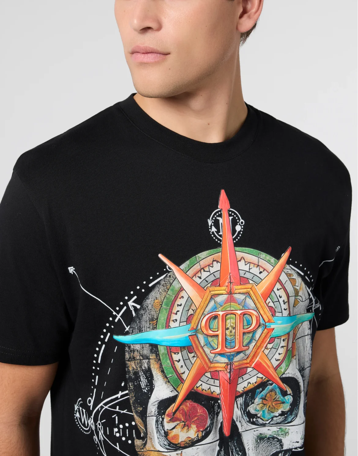 Round Neck T-Shirt Wind Rose Skull, цвет: Черный