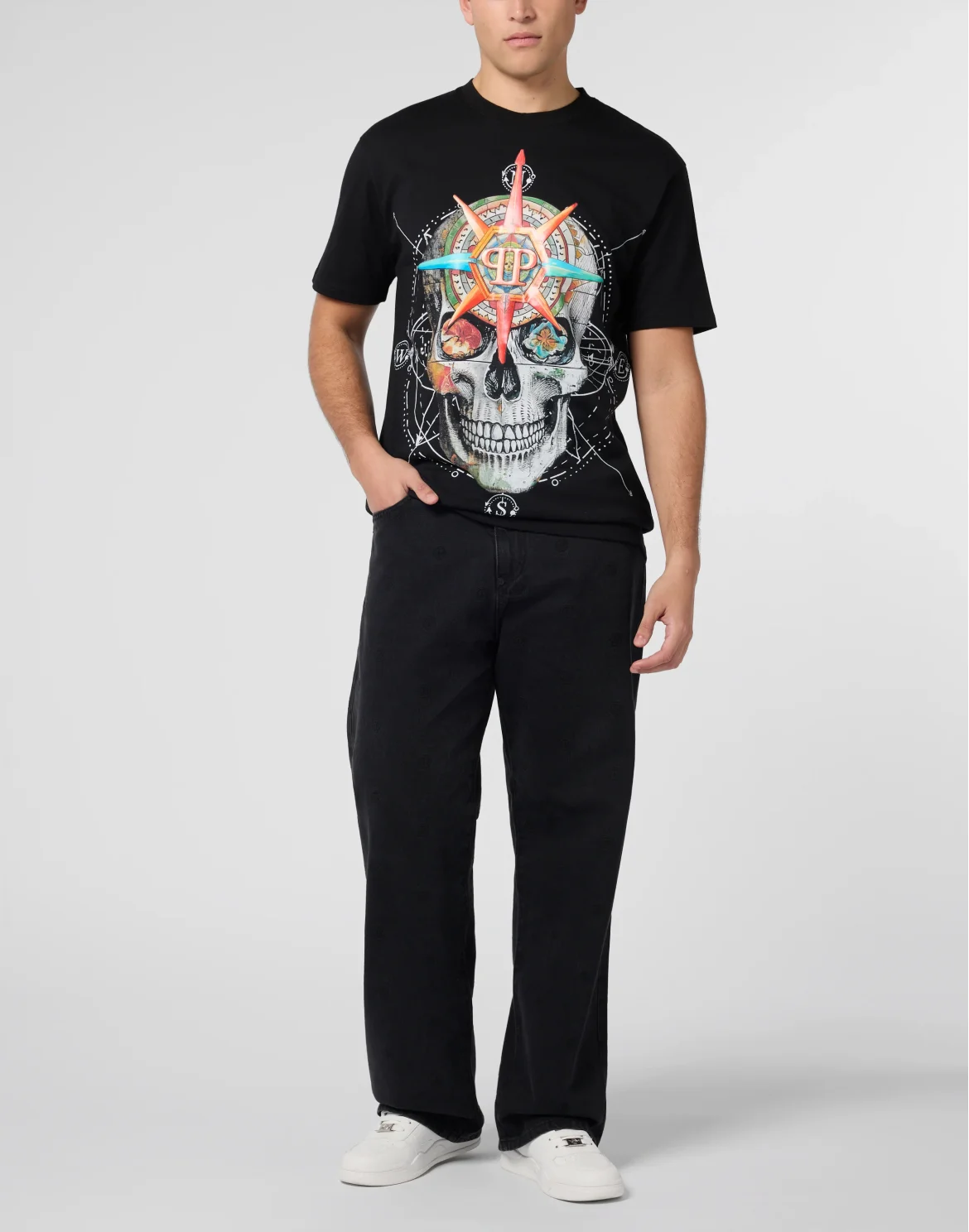 Round Neck T-Shirt Wind Rose Skull, цвет: Черный