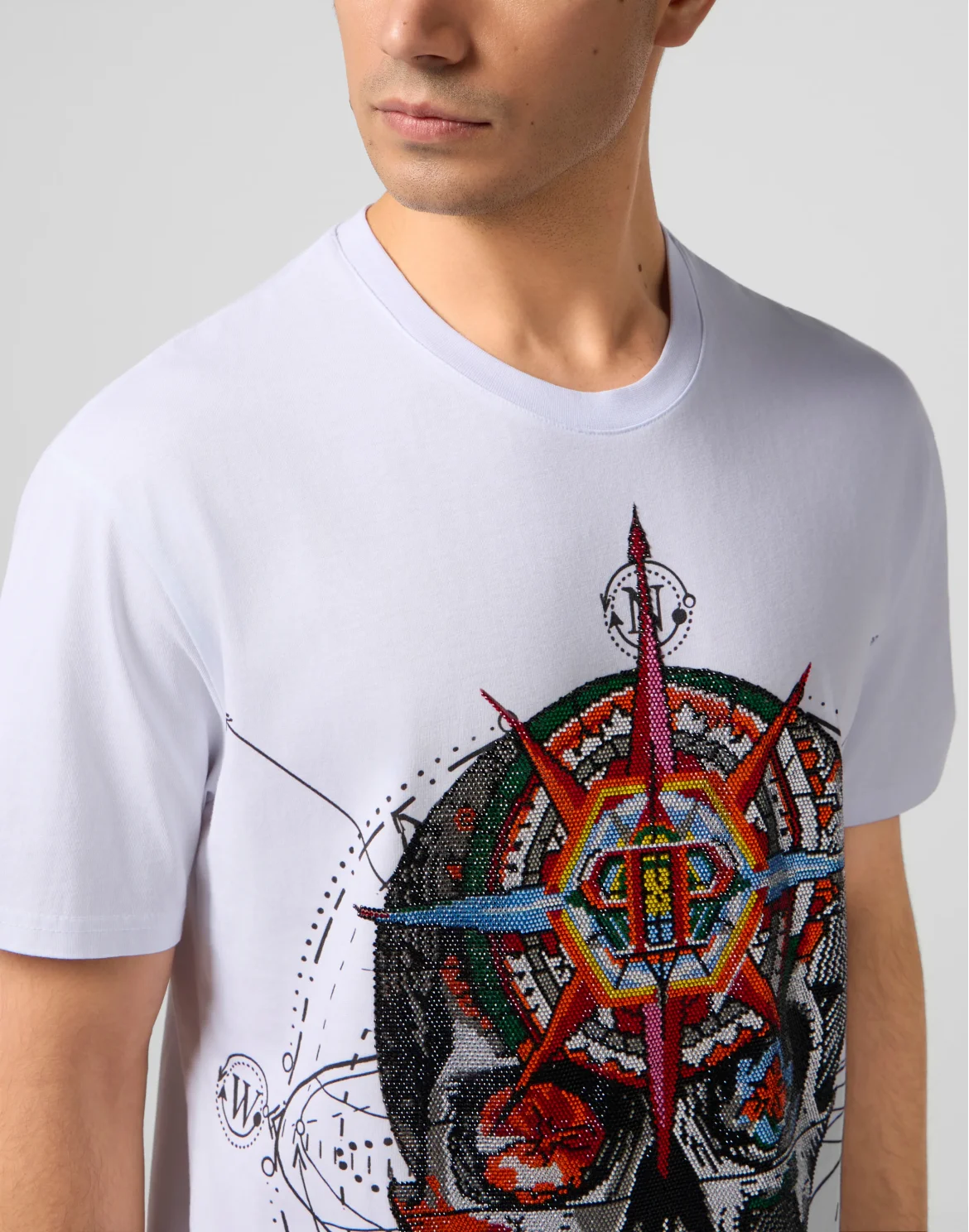 Round Neck T-Shirt Wind Rose Skull Stones, цвет: Белый