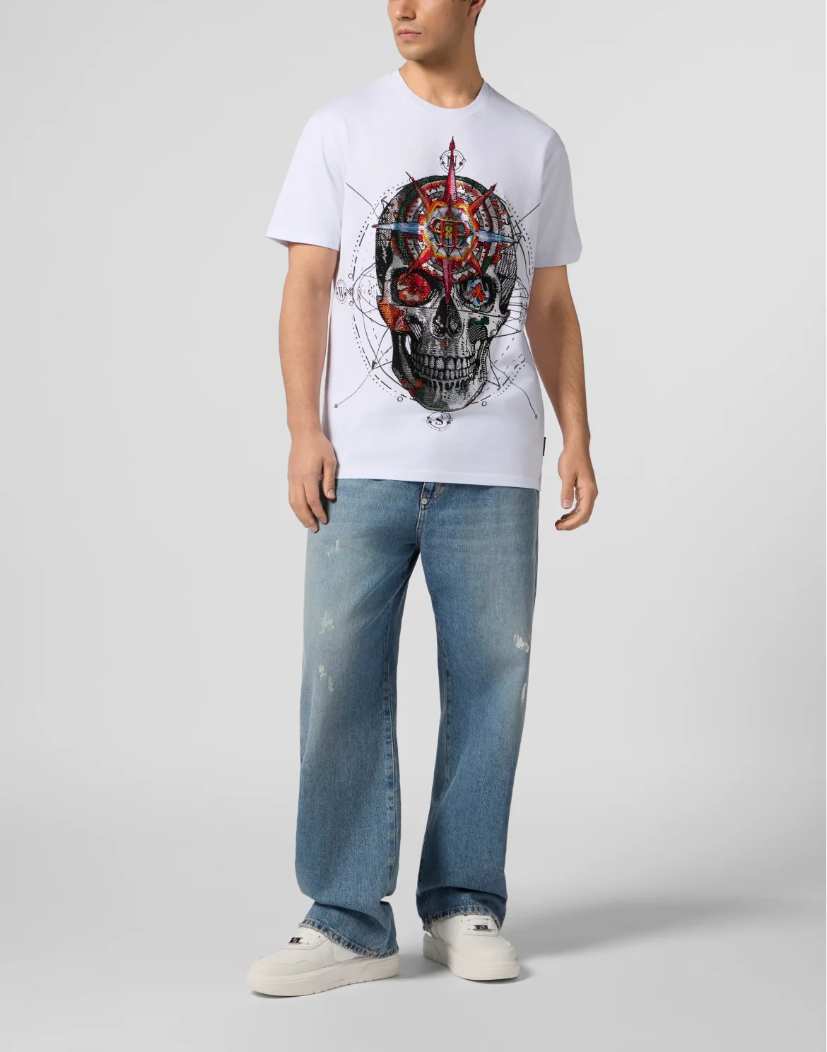 Round Neck T-Shirt Wind Rose Skull Stones, цвет: Белый