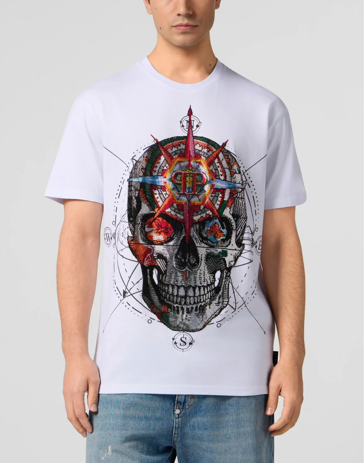 Round Neck T-Shirt Wind Rose Skull Stones, цвет: Белый