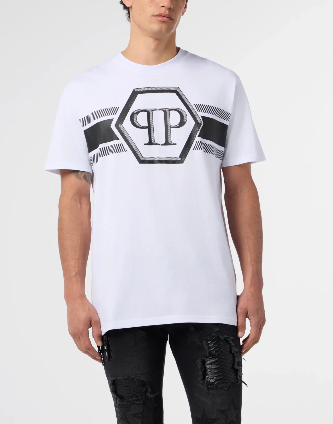 Round Neck T-Shirt Hexagon Line, цвет: Белый