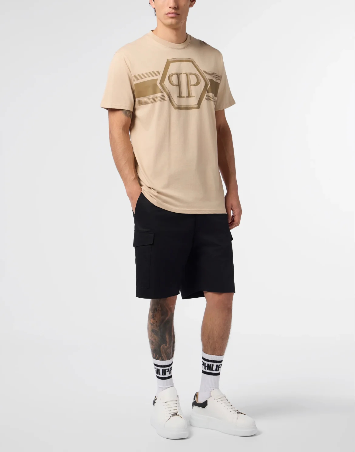 Round Neck T-Shirt Hexagon Line, цвет: Бежевый