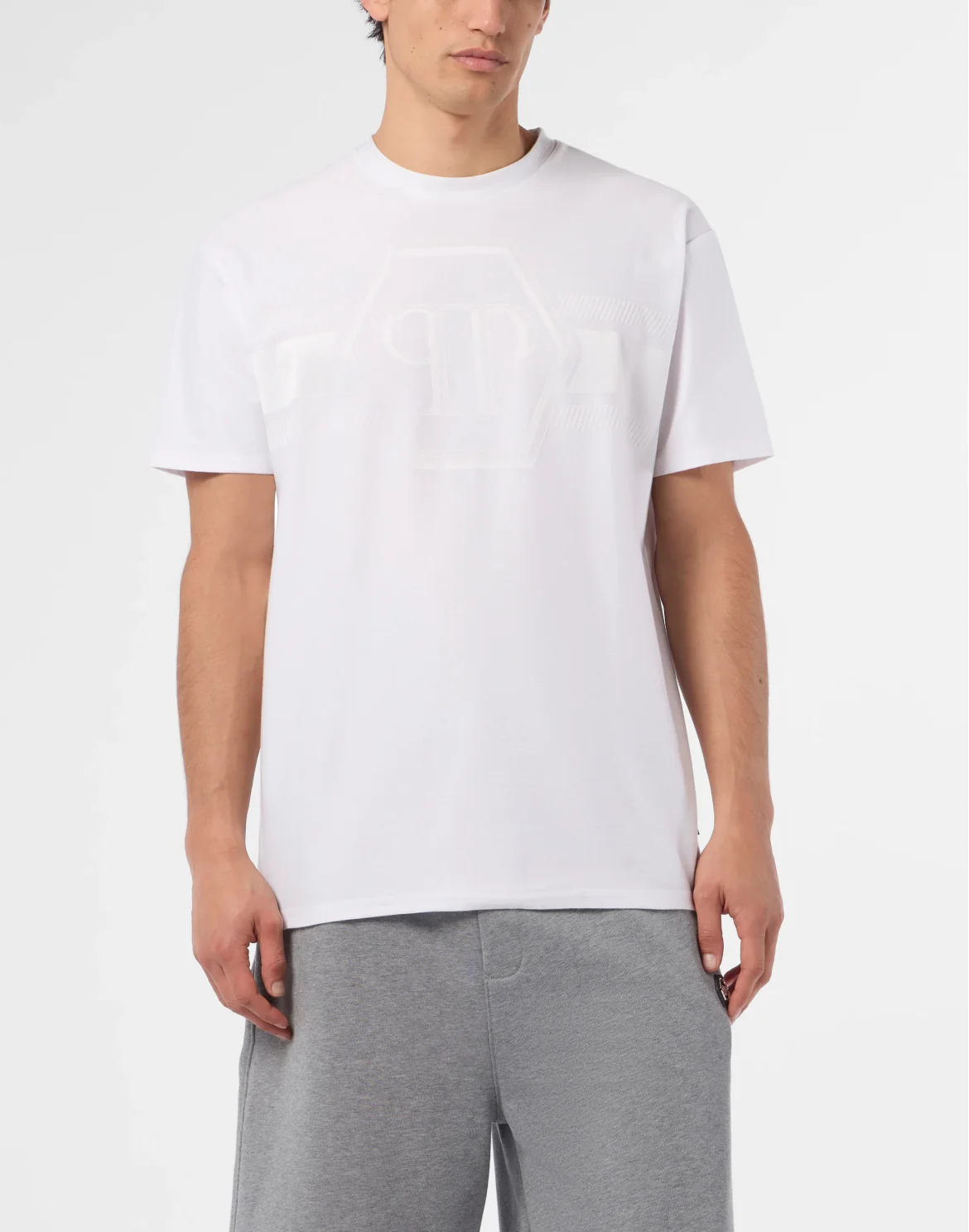 Round Neck T-Shirt Jacquard Hexagon Line, цвет: Белый