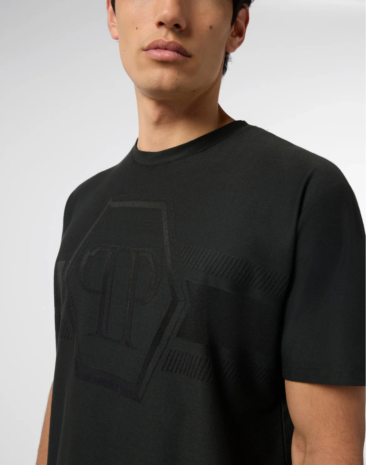 Round Neck T-Shirt Jacquard Hexagon Line, цвет: Черный