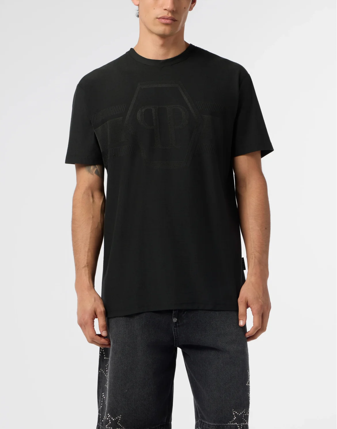 Round Neck T-Shirt Jacquard Hexagon Line, цвет: Черный