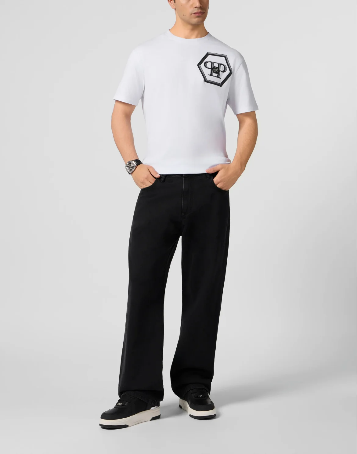 Round Neck T-Shirt Lines Hexagon, цвет: Белый