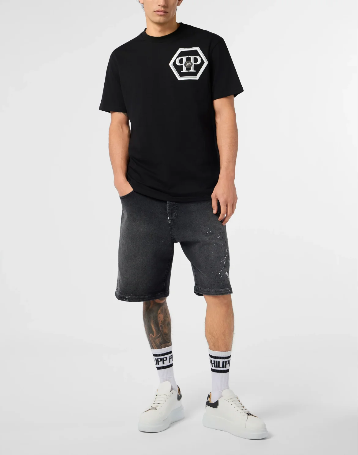Round Neck T-Shirt Lines Hexagon, цвет: Черный