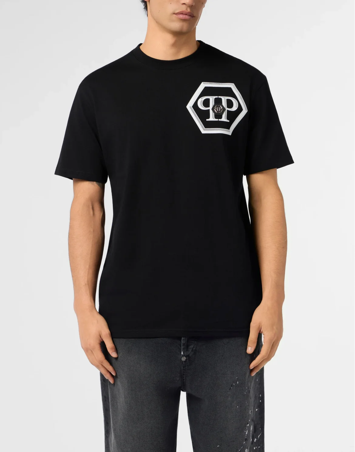 Round Neck T-Shirt Lines Hexagon, цвет: Черный