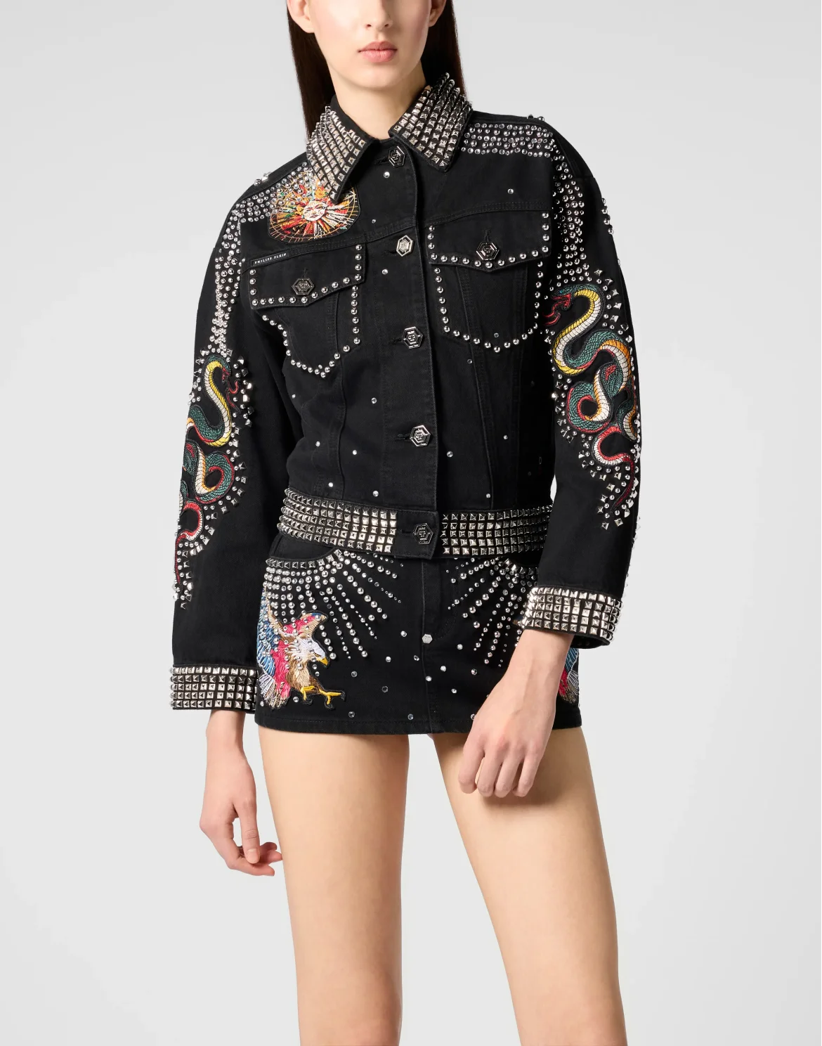 Oversized Denim Jacket Tattoo Studs, цвет: Черный