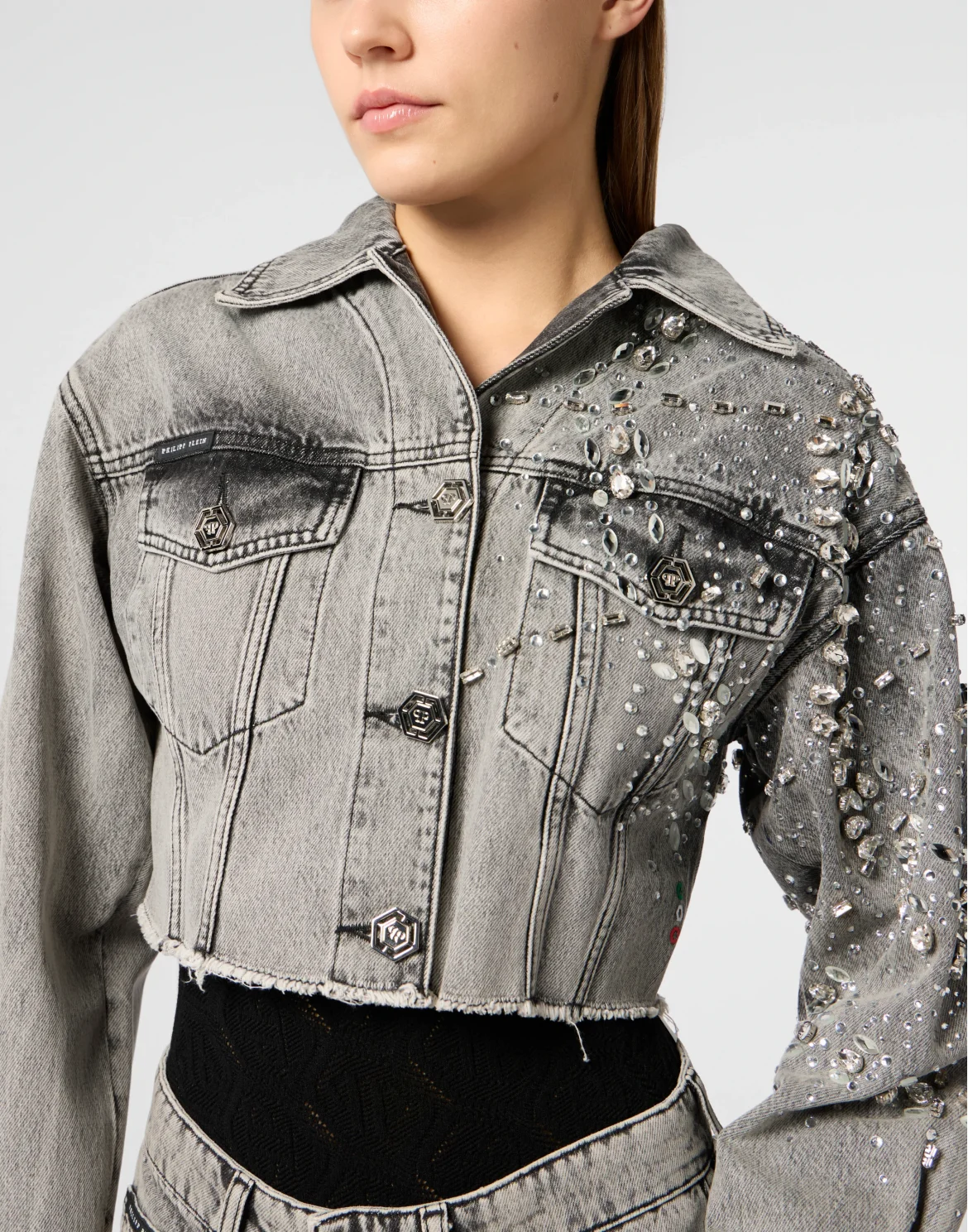 Cropped Denim Jacket Spiderweb Strass, цвет: Серый