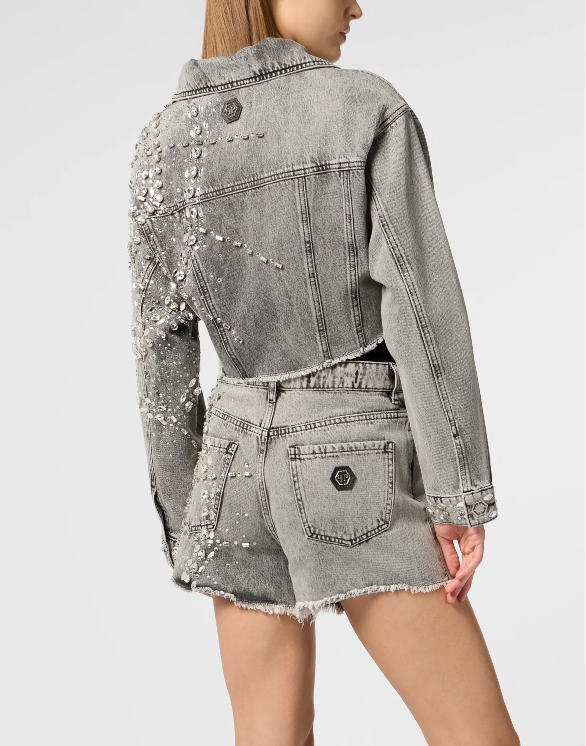 Cropped Denim Jacket Spiderweb Strass, цвет: Серый