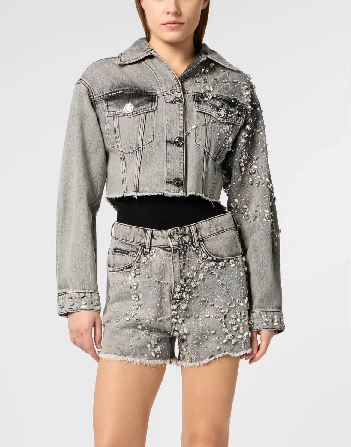 Cropped Denim Jacket Spiderweb Strass, цвет: Серый