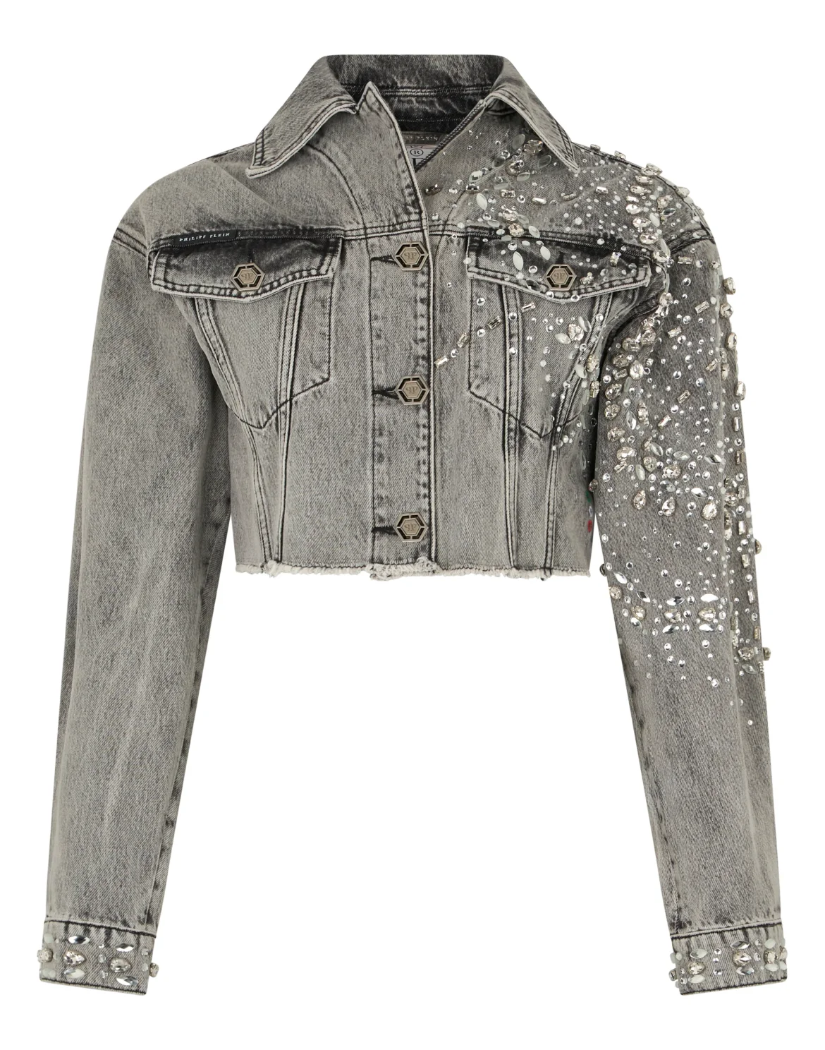 Cropped Denim Jacket Spiderweb Strass, цвет: Серый