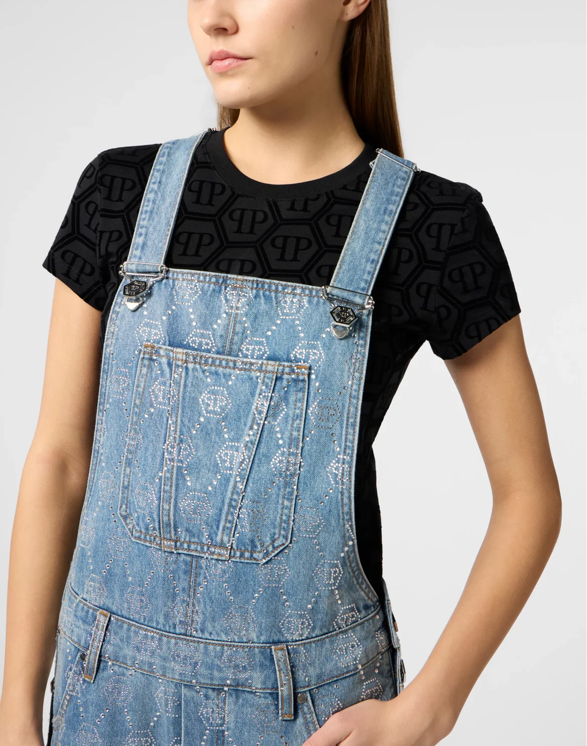 Sleeveless Denim Jumpsuit Monogram Strass, цвет: Темно-синий деним