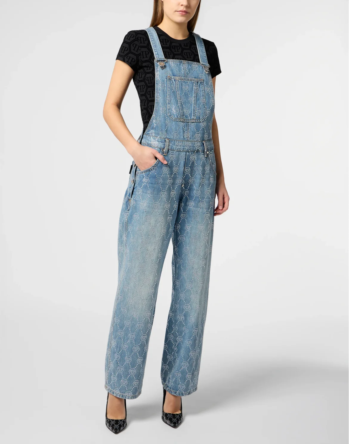 Sleeveless Denim Jumpsuit Monogram Strass, цвет: Темно-синий деним