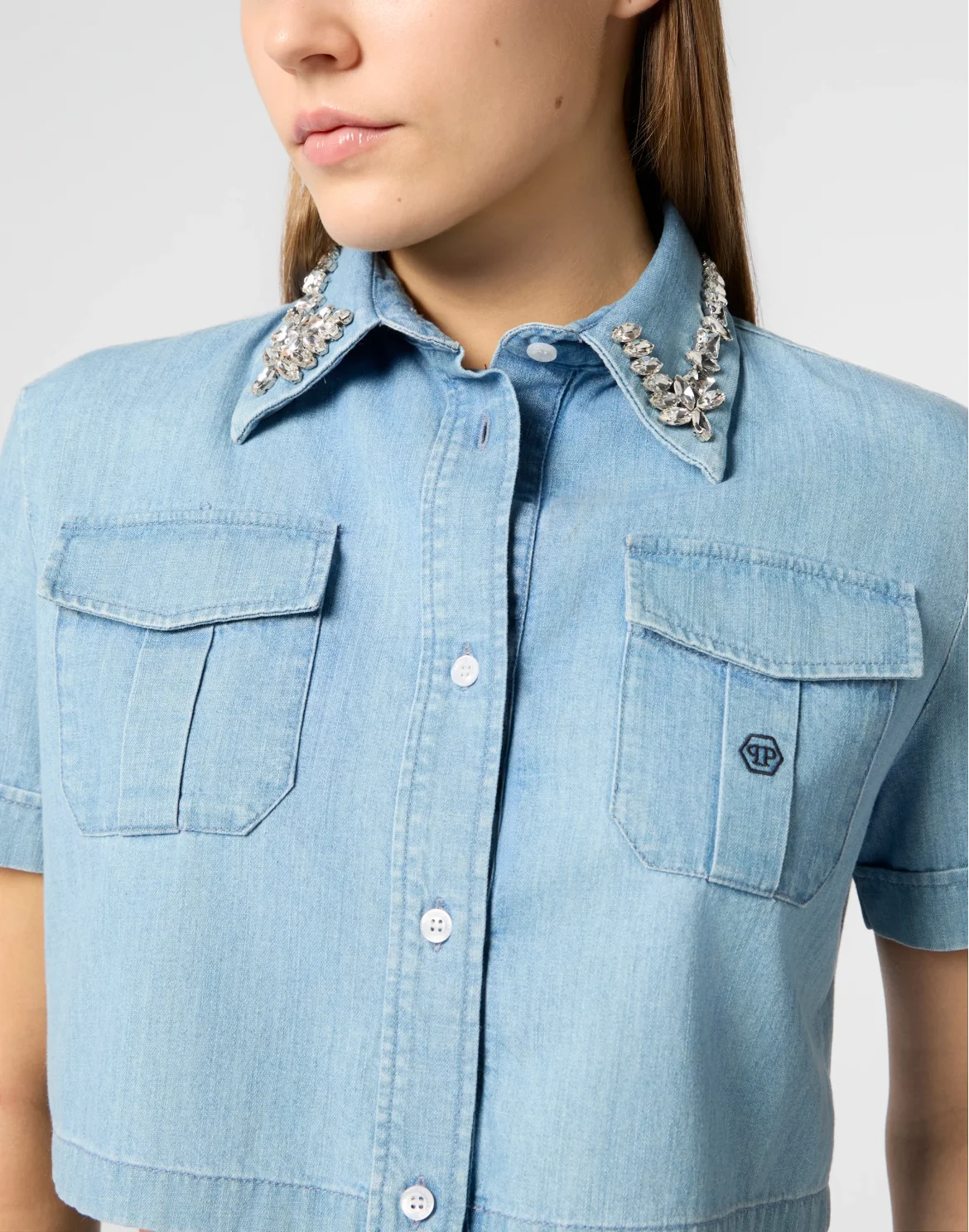 Chambray Cropped Shirt Crystals, цвет: Голубой