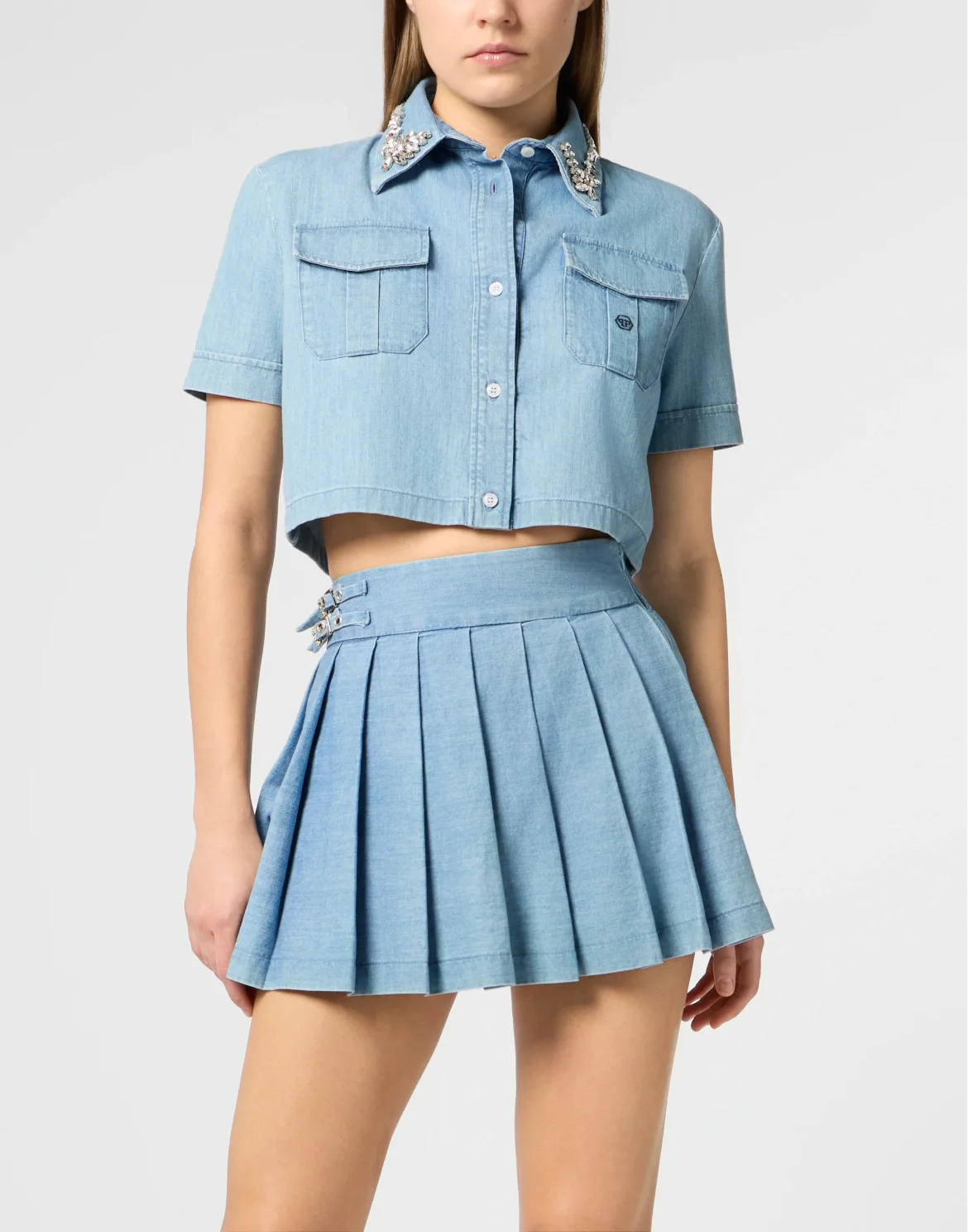 Chambray Cropped Shirt Crystals, цвет: Голубой