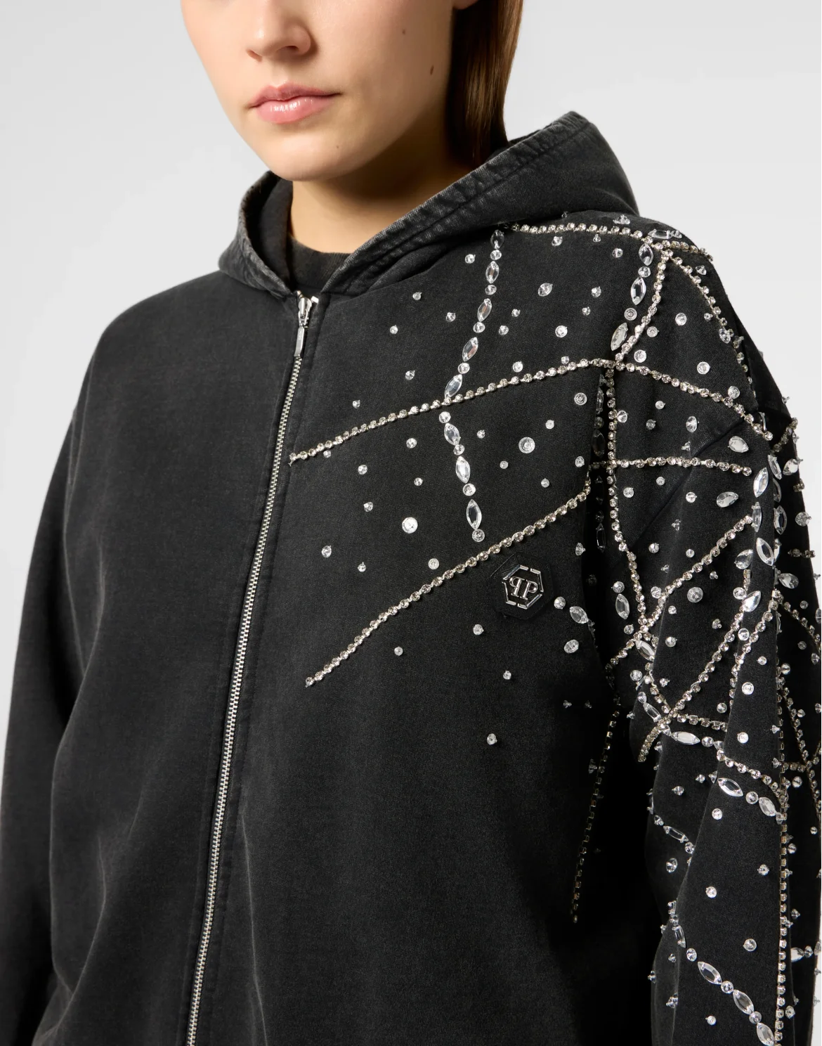 Washed Zip Hoodie Spiderweb Strass, цвет: Черный