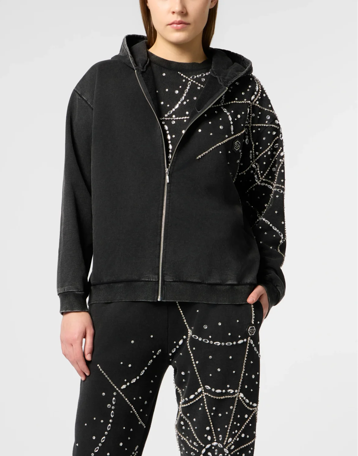 Washed Zip Hoodie Spiderweb Strass, цвет: Черный