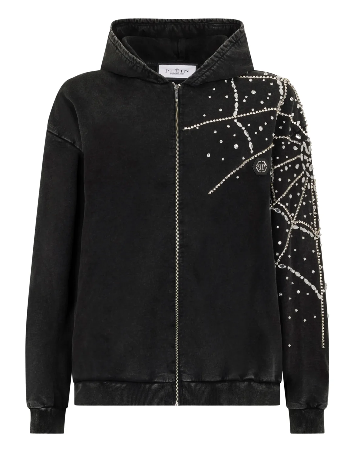 Washed Zip Hoodie Spiderweb Strass, цвет: Черный