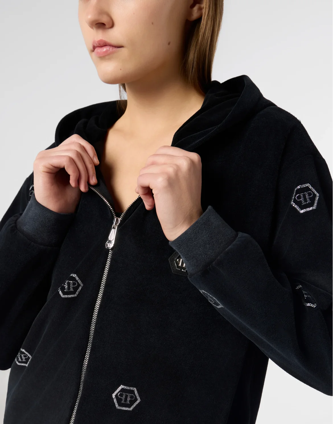 Chenille Zip Hoodie Monogram Strass, цвет: Черный