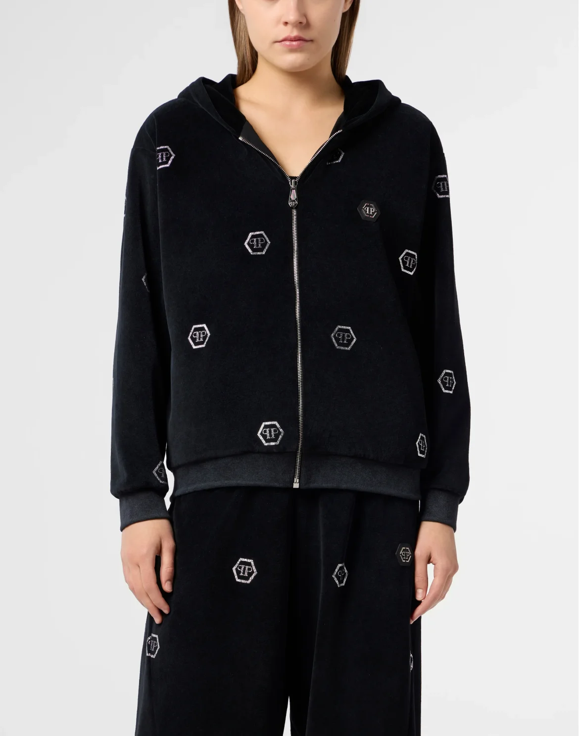 Chenille Zip Hoodie Monogram Strass, цвет: Черный