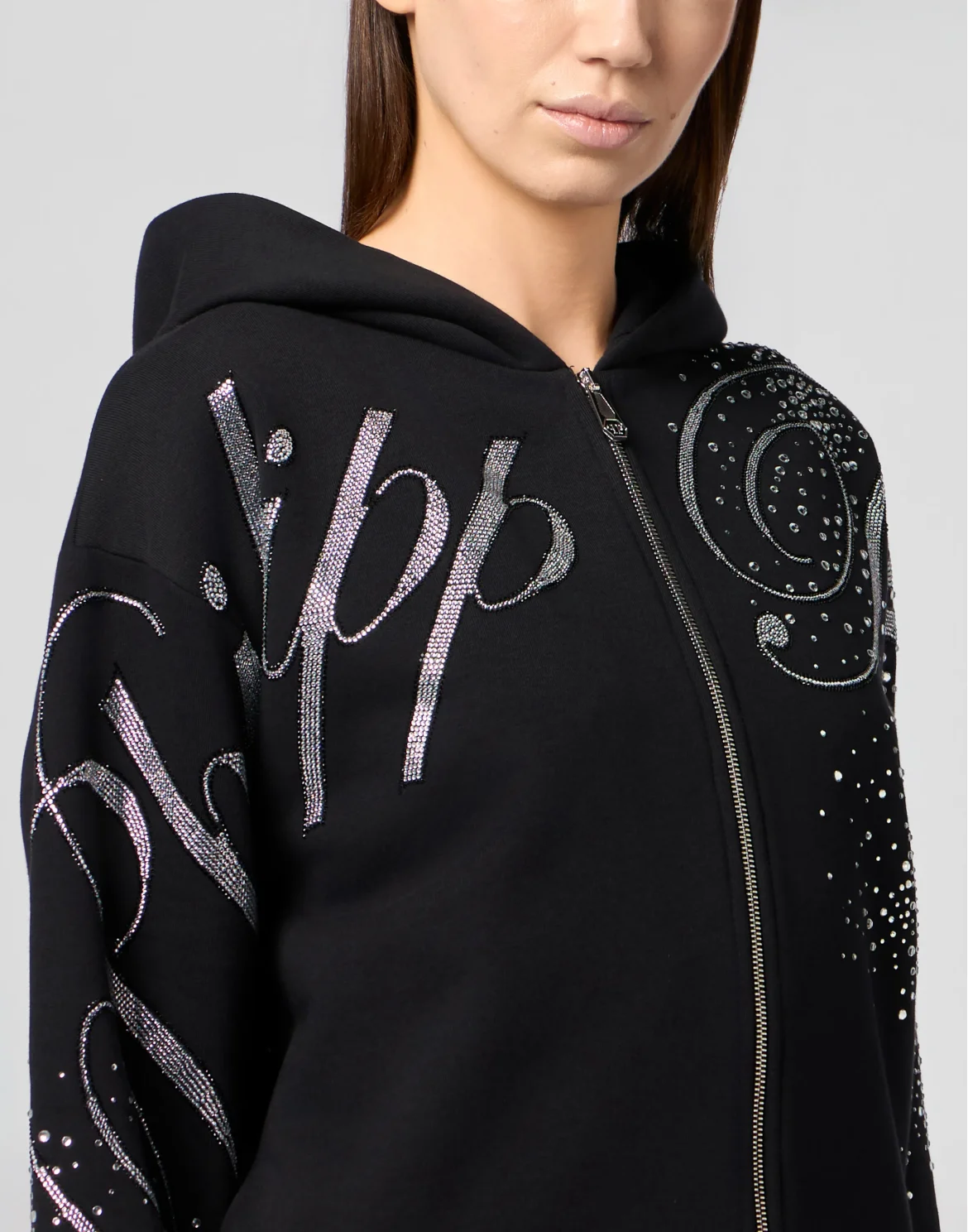 Chenille Zip Hoodie Spray Strass, цвет: Черный