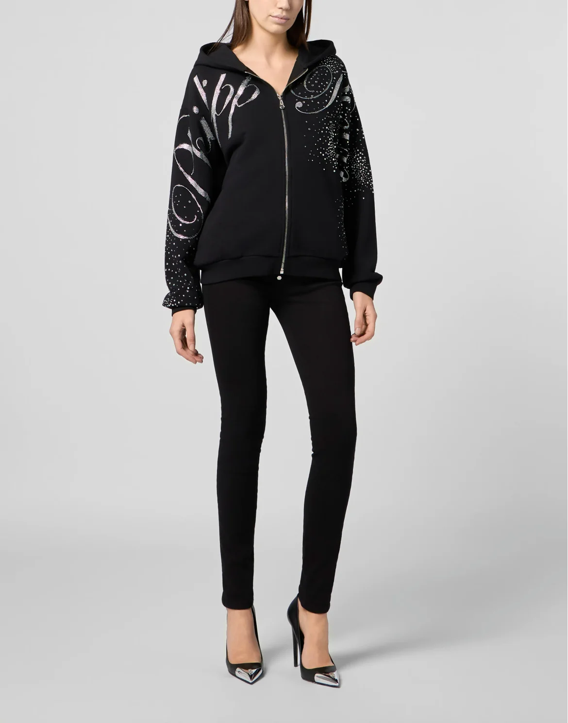 Chenille Zip Hoodie Spray Strass, цвет: Черный