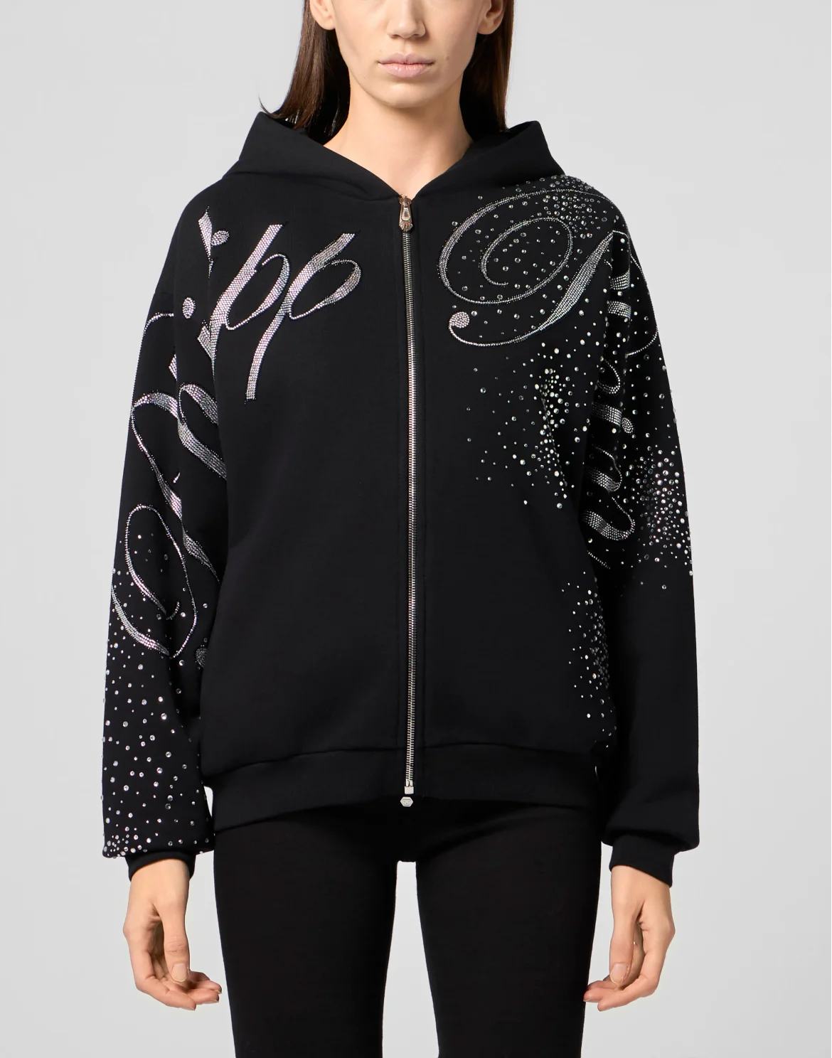 Chenille Zip Hoodie Spray Strass, цвет: Черный
