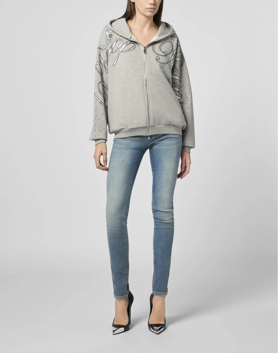 Chenille Zip Hoodie Spray Strass, цвет: Серый