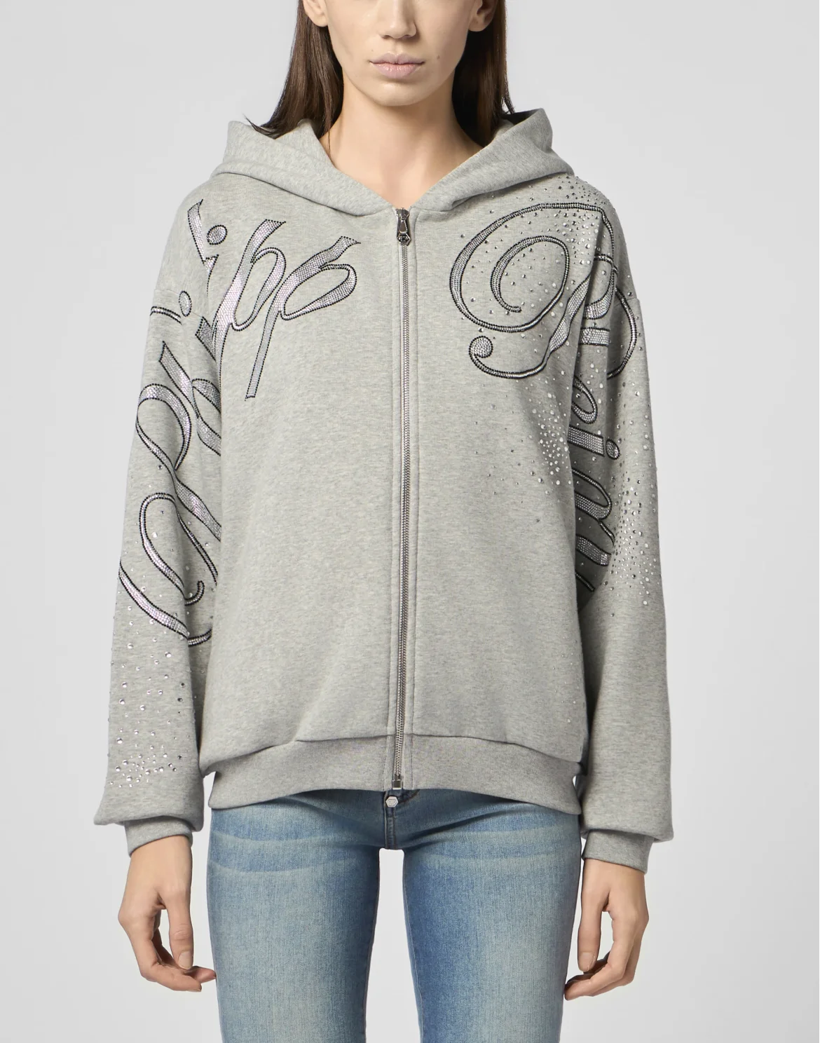 Chenille Zip Hoodie Spray Strass, цвет: Серый