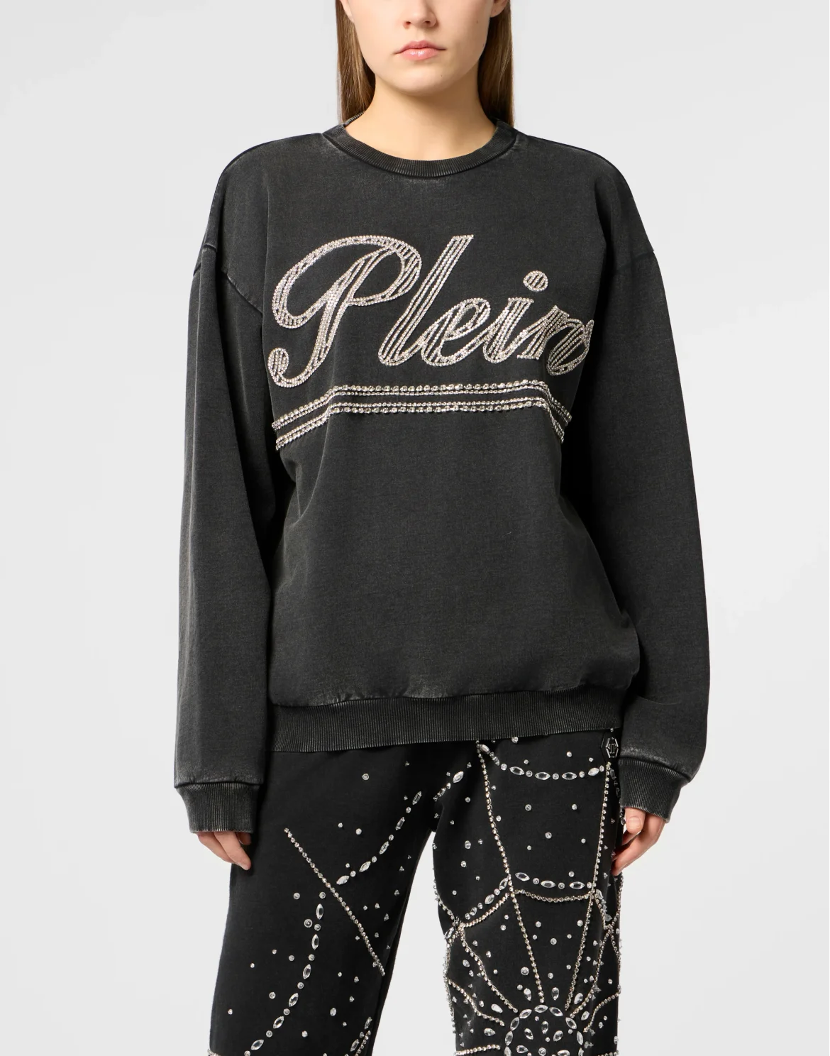 Washed Open Back Sweatshirt Strass Signature, цвет: Черный