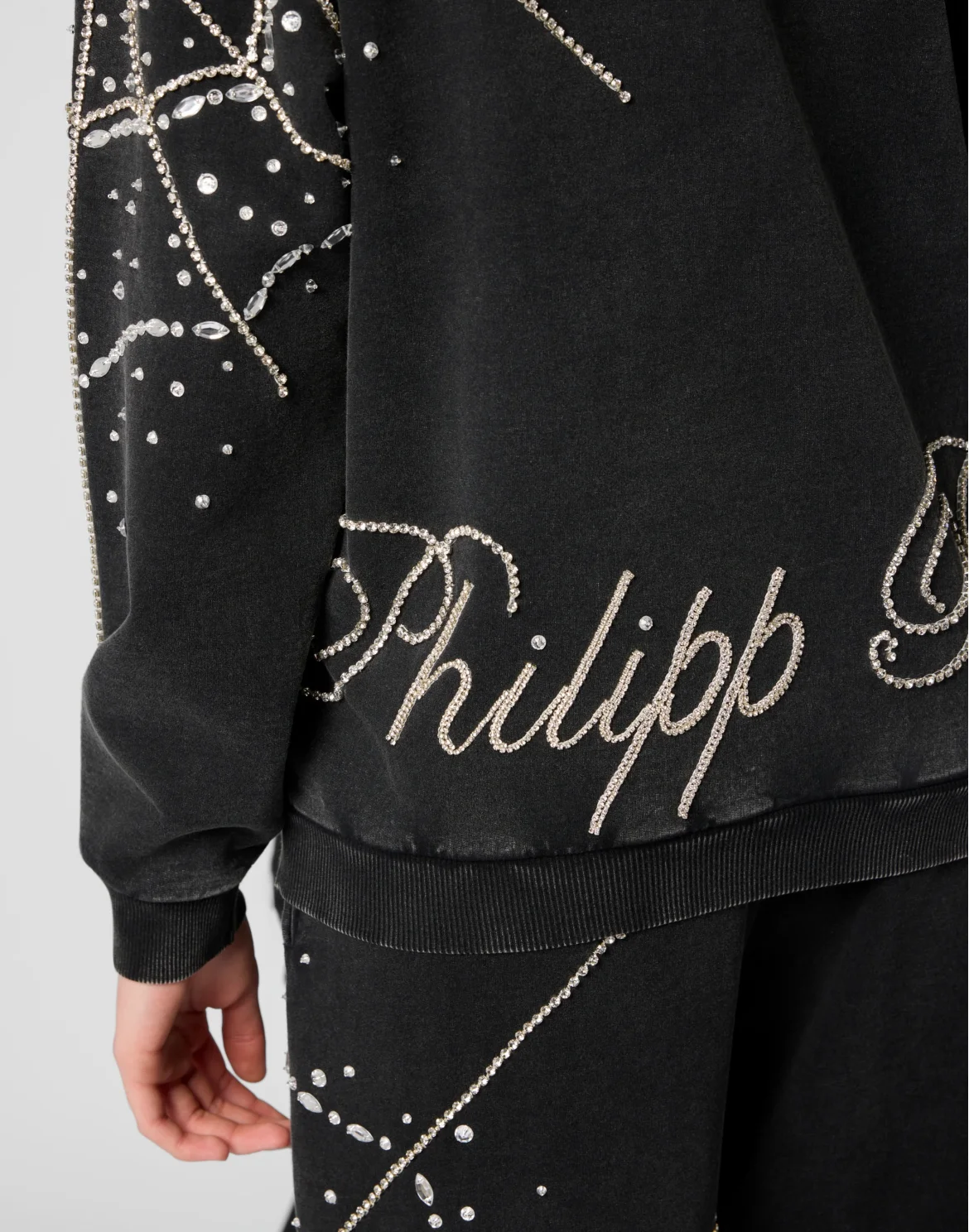 Round Neck Sweatshirt Spiderweb Strass, цвет: Черный