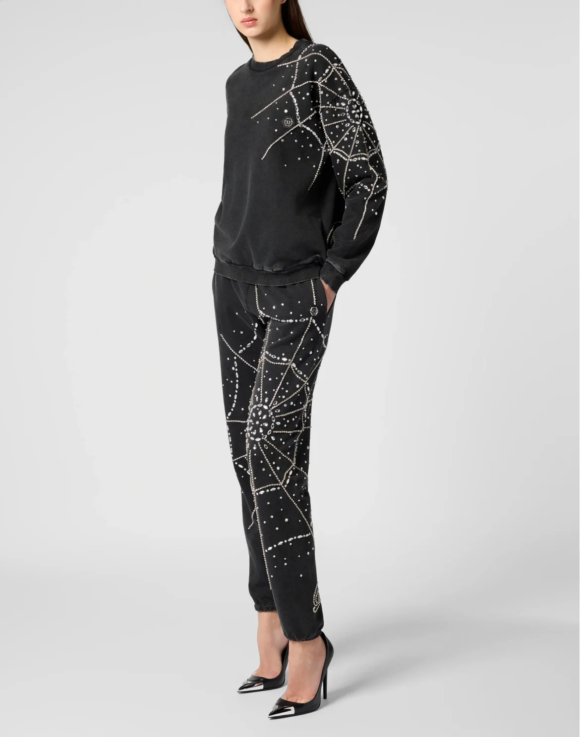 Round Neck Sweatshirt Spiderweb Strass, цвет: Черный