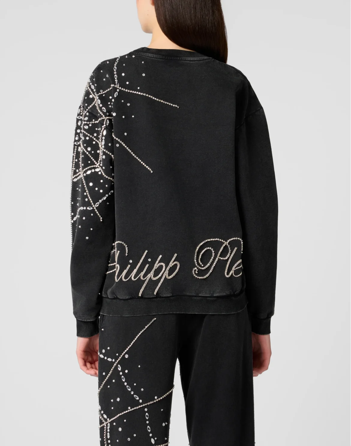 Round Neck Sweatshirt Spiderweb Strass, цвет: Черный
