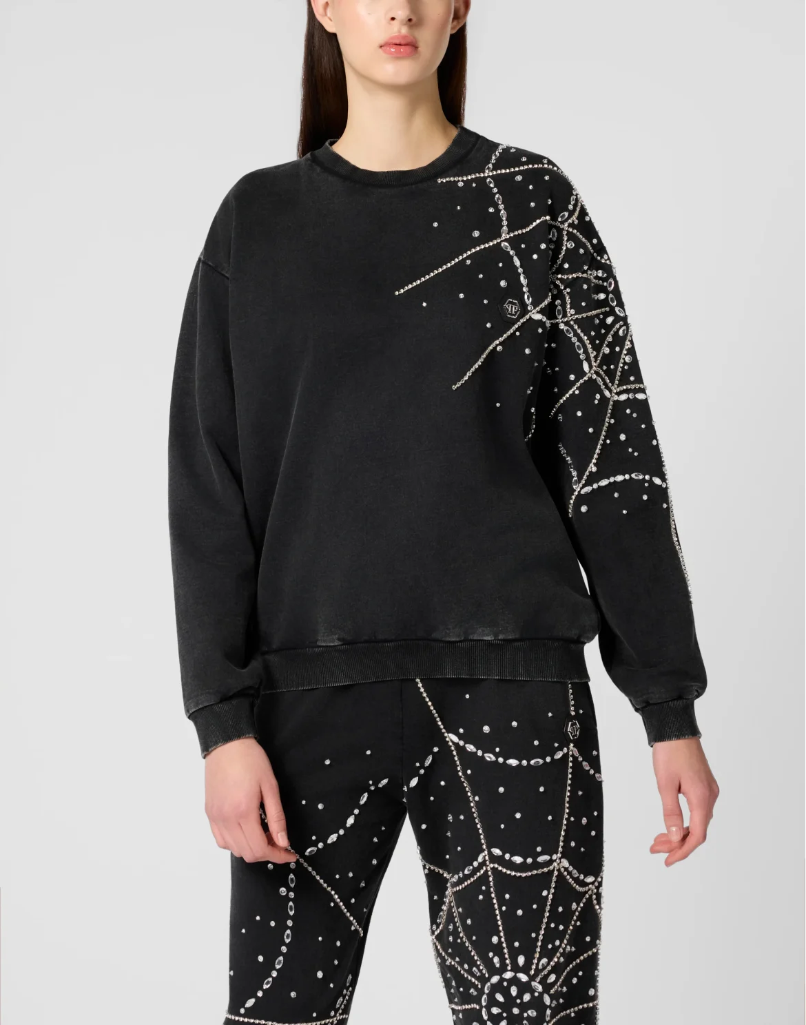 Round Neck Sweatshirt Spiderweb Strass, цвет: Черный