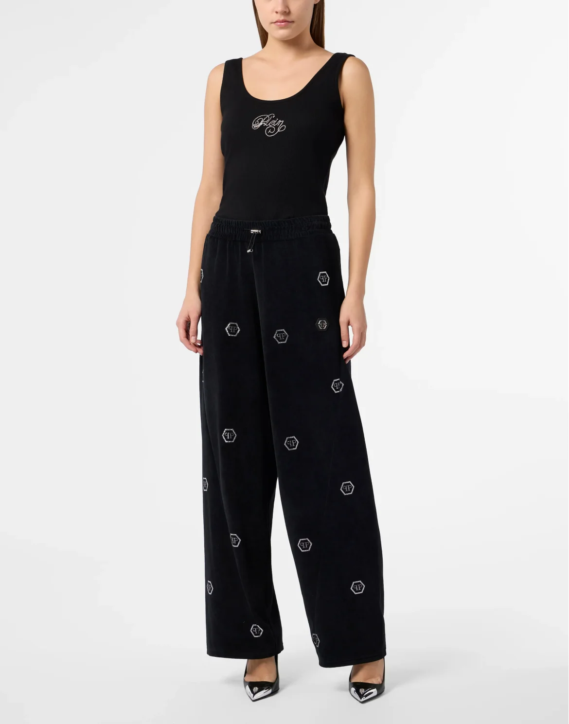 Chenille Skater Fit Tracksuit Pants Monogram Strass, цвет: Черный