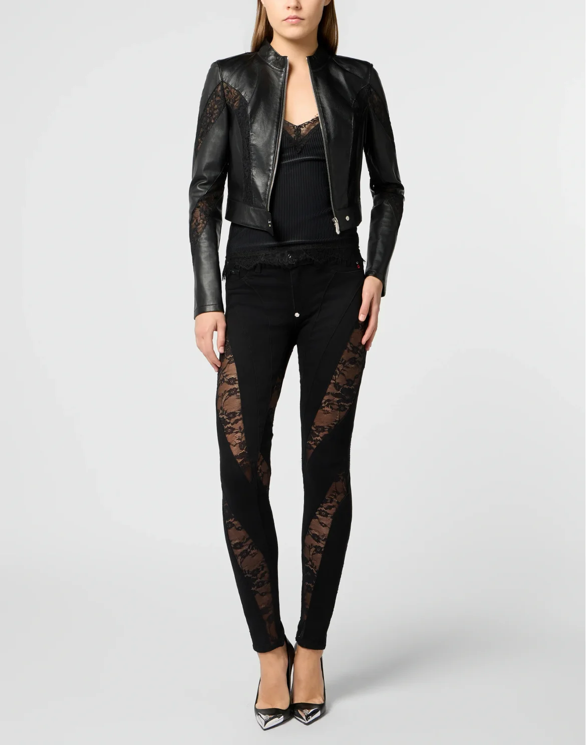 Fitted Biker Jacket with Lace Inserts, цвет: Черный