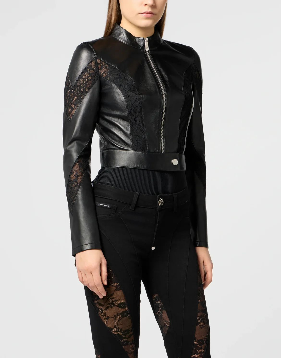 Fitted Biker Jacket with Lace Inserts, цвет: Черный