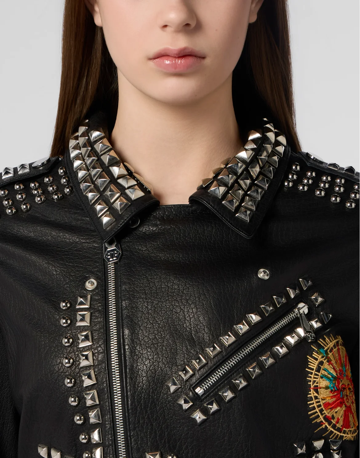 Boxy Fit Biker Jacket Studs & Patches, цвет: Черный