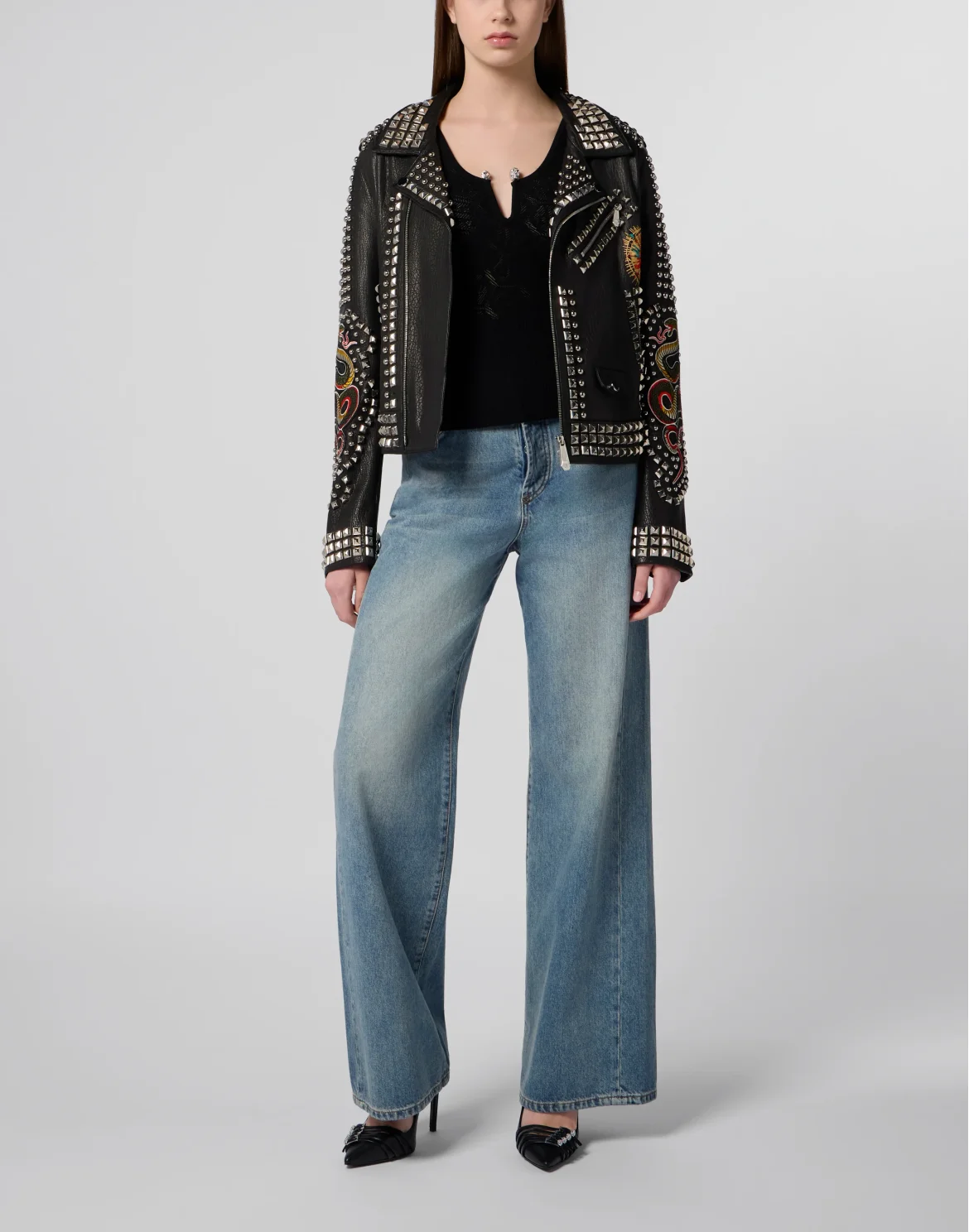 Boxy Fit Biker Jacket Studs & Patches, цвет: Черный