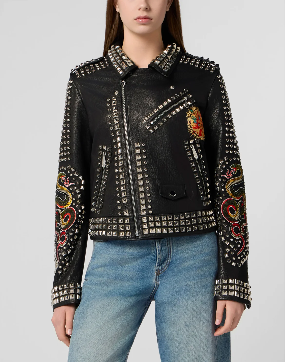 Boxy Fit Biker Jacket Studs & Patches, цвет: Черный