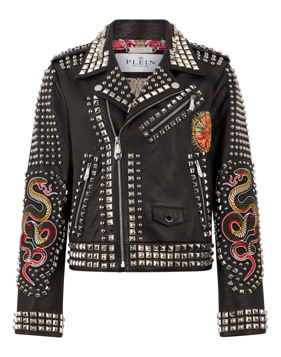 Boxy Fit Biker Jacket Studs & Patches, цвет: Черный
