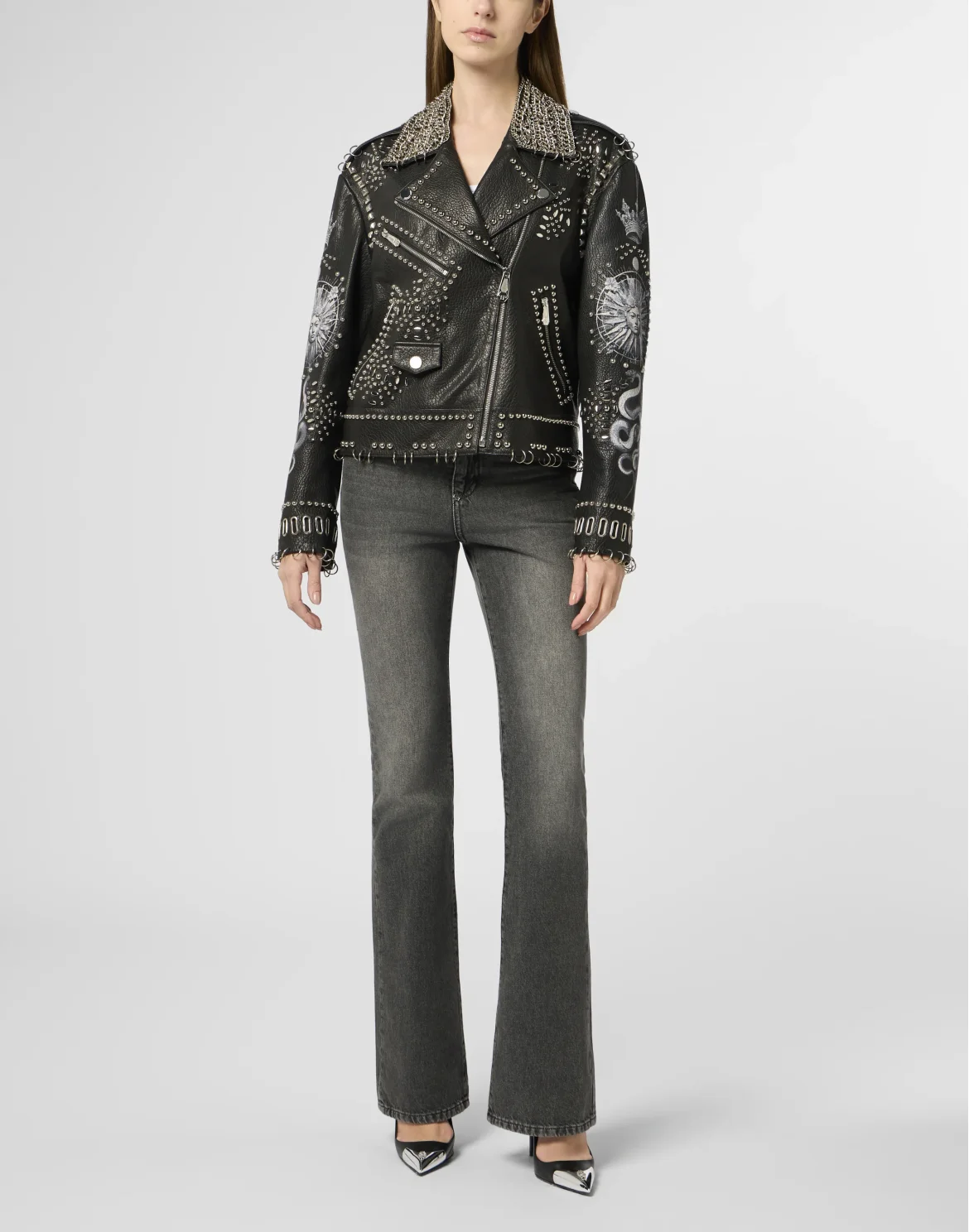 Oversized Biker Jacket Studs Butterfly Tattoo, цвет: Черный