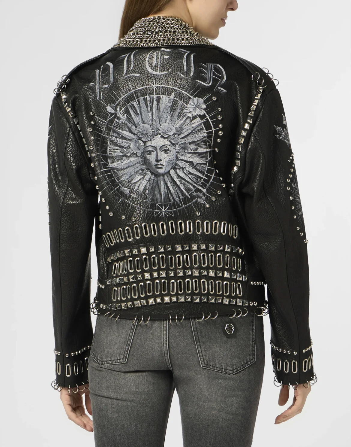Oversized Biker Jacket Studs Butterfly Tattoo, цвет: Черный